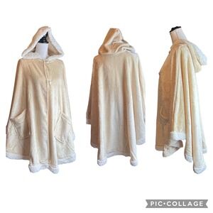 Soft & Cozy Co. Cream Fleece Hooded Cape Wrap Sherpa Trim Pearl Button One Size